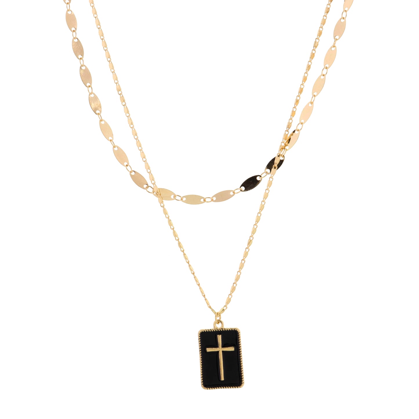 16", 18" 2 Layered Cross on Black Rectangle Necklace, 3" Ext