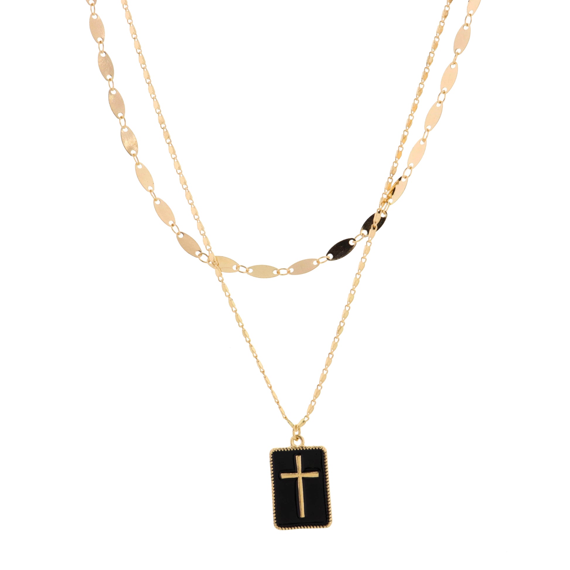 16", 18" 2 Layered Cross on Black Rectangle Necklace, 3" Ext