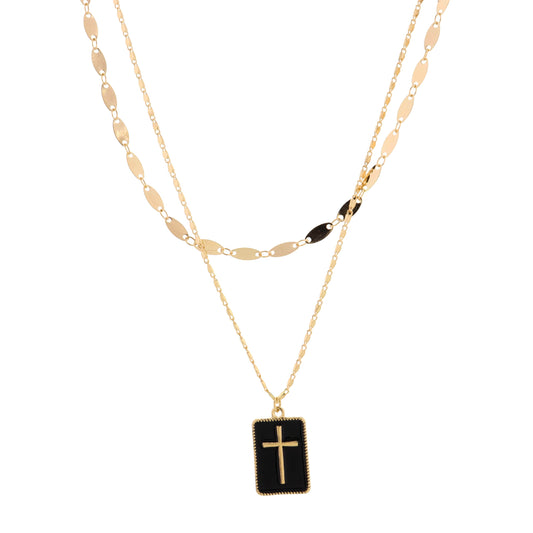 16", 18" 2 Layered Cross on Black Rectangle Necklace, 3" Ext