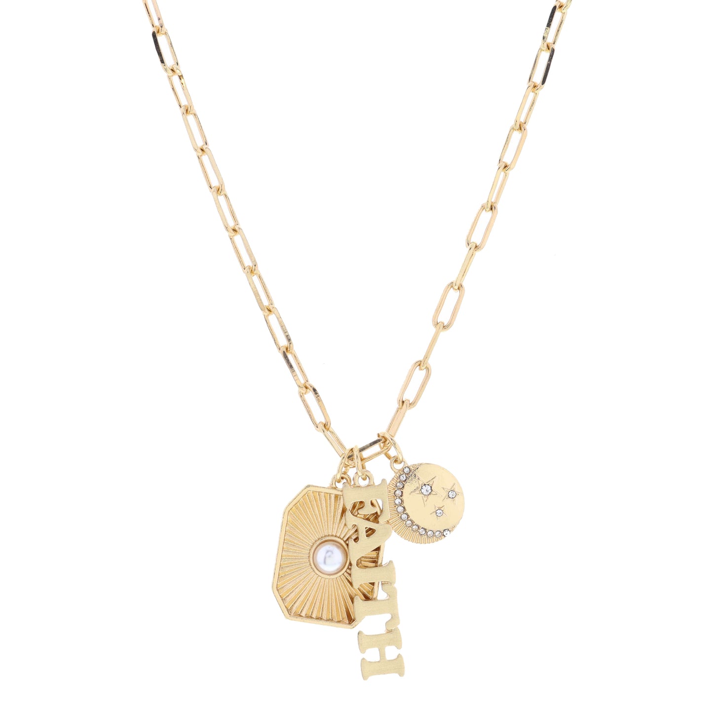 16" Faith, Rectangle with Pearl, & Night Sky Disc Necklace, 1", 1", .50" Pendant