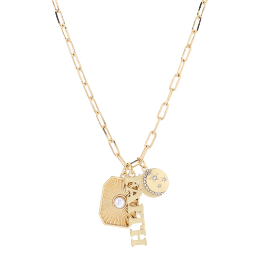 16" Faith, Rectangle with Pearl, & Night Sky Disc Necklace, 1", 1", .50" Pendant
