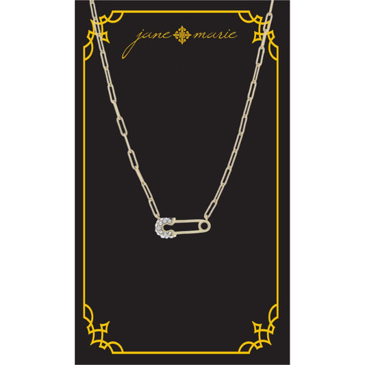 16" Safety Pin with Clear Crystal Accents Necklace, , 3" Ext