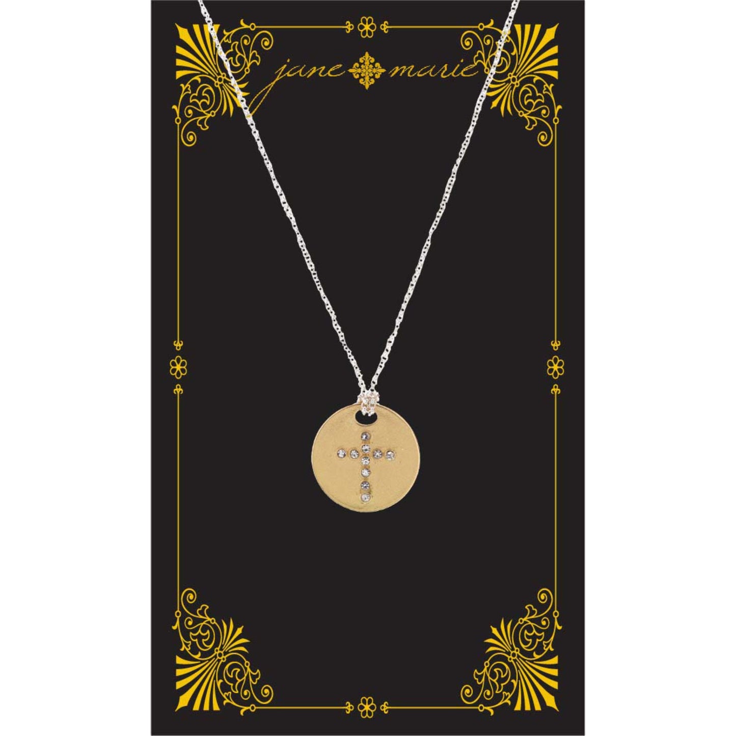 16" Gold Disk with Raised Crystal Cross Accents Necklace, , 3" Ext