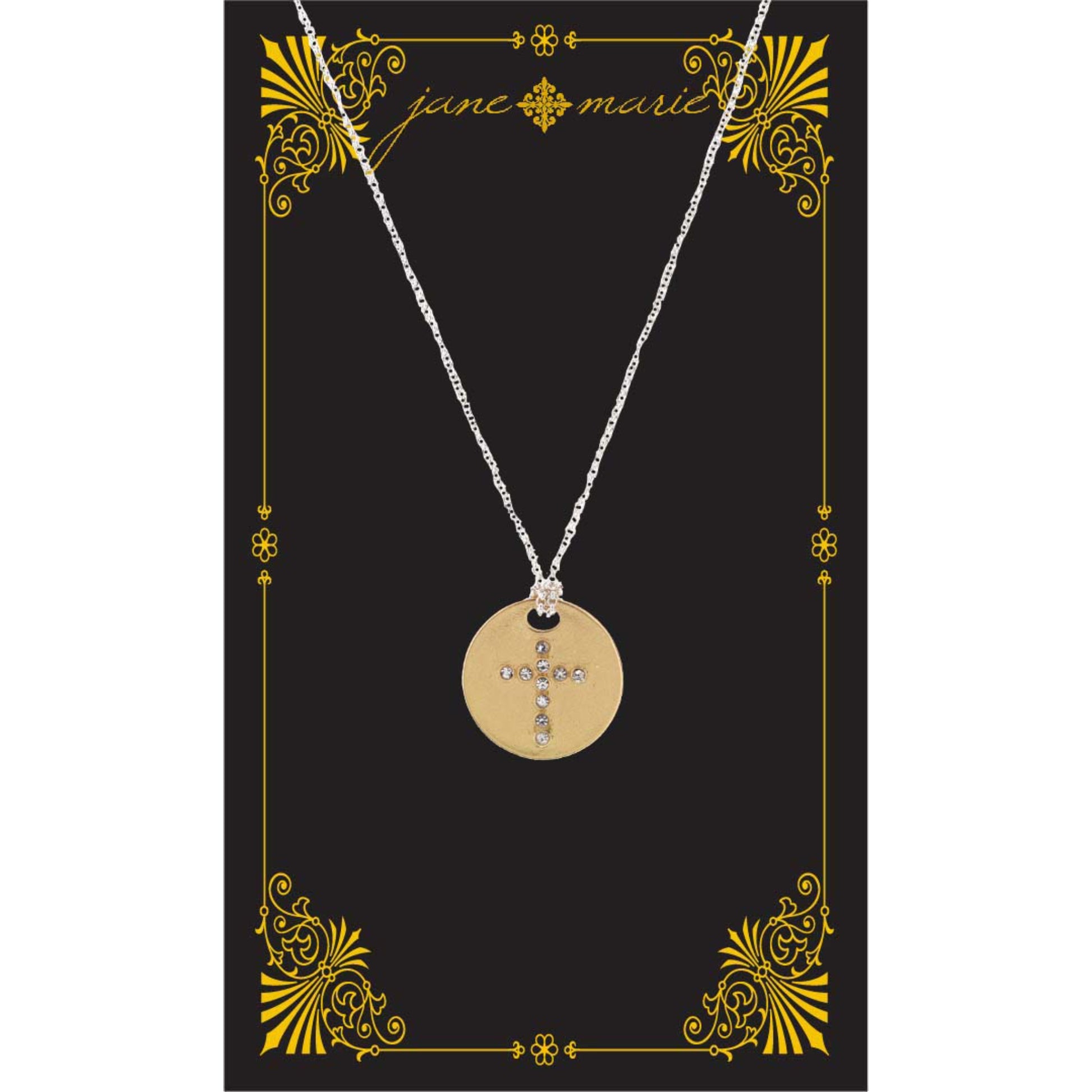 16" Gold Disk with Raised Crystal Cross Accents Necklace, , 3" Ext