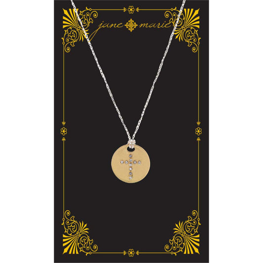 16" Gold Disk with Raised Crystal Cross Accents Necklace, , 3" Ext