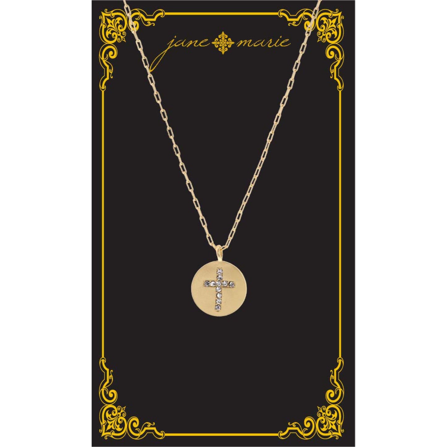 16" Gold Disk with Clear Crystal Cross Inlay Necklace, , 3" Ext