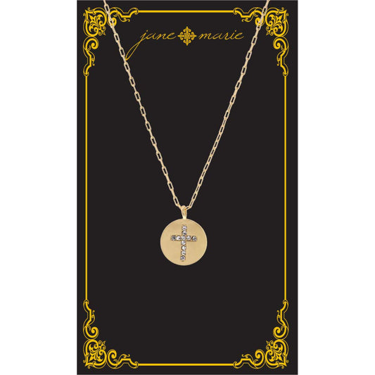 16" Gold Disk with Clear Crystal Cross Inlay Necklace, , 3" Ext