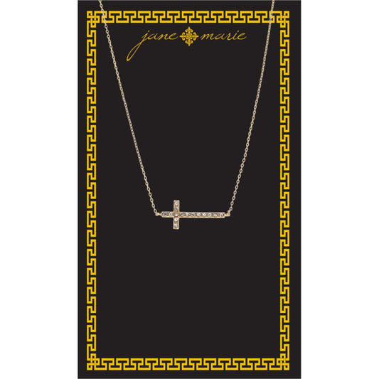 16"  Clear Crystal Sideways Cross Necklace, , 3" Ext