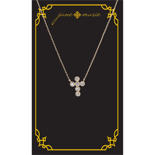 16" Clear Round Crystal Cross Necklace, , 3" Ext