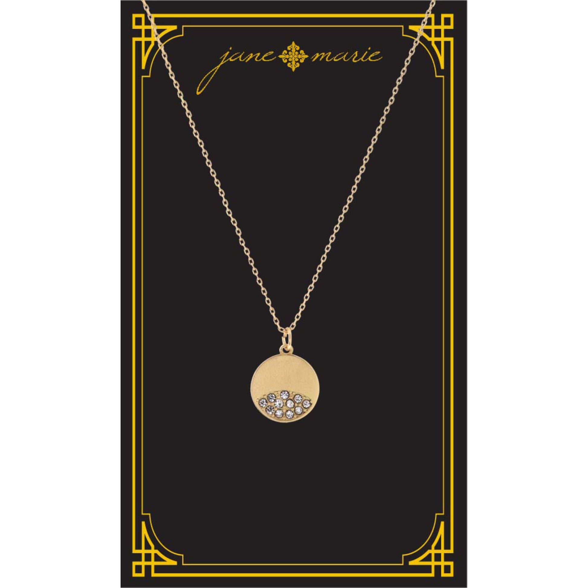 16" Gold Disk with Clear Crystal Accents on Bottom Necklace, , 3" Ext