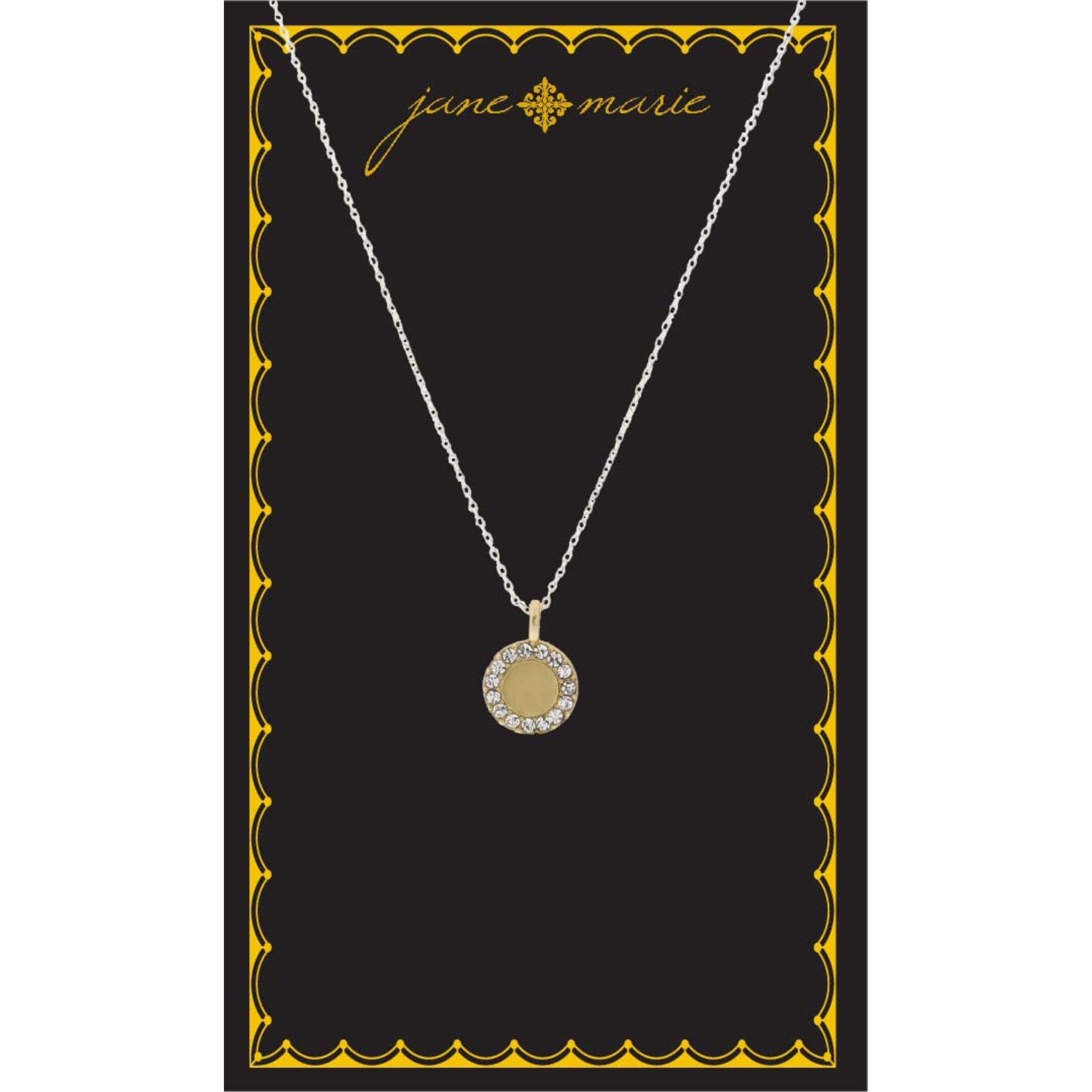 16" Gold Disk with Clear Crystal Edging  Necklace, , 3" Ext