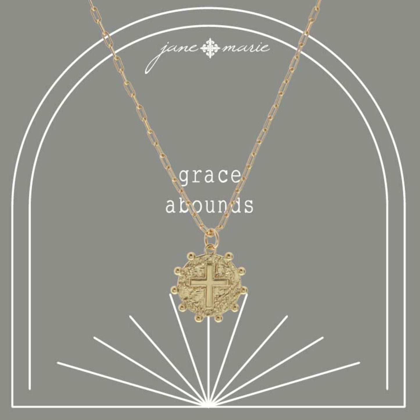 16" Gold Textured Cross Disk with Outer Studs Necklace, 3" Ext