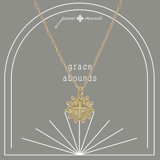 16" Gold Textured Cross Disk with Outer Studs Necklace, 3" Ext