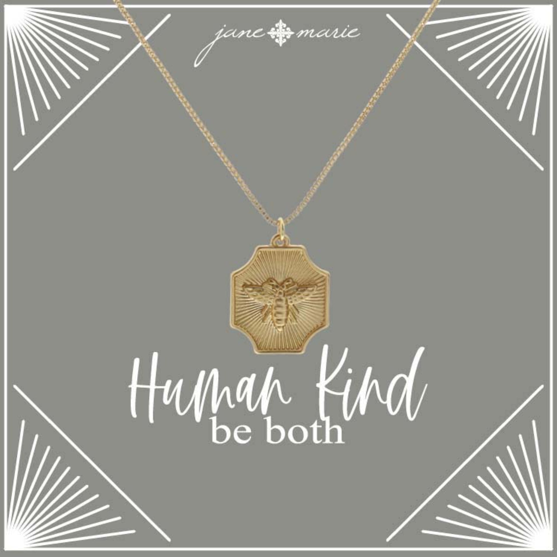 16" Gold Textured Square Cross with Bee Necklace, 3" Ext