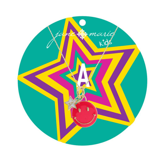 Kids 14" Happy Face, Hot Pink & Yellow with Star "A" Necklace, 3" Ext