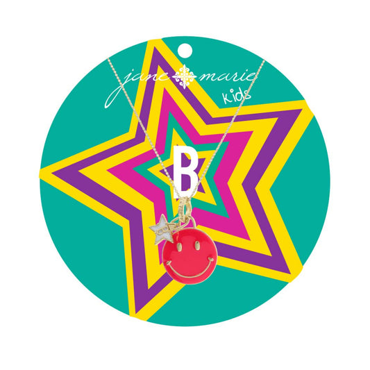 Kids 14" Happy Face, Hot Pink & Yellow with Star "B" Necklace, 3" Ext