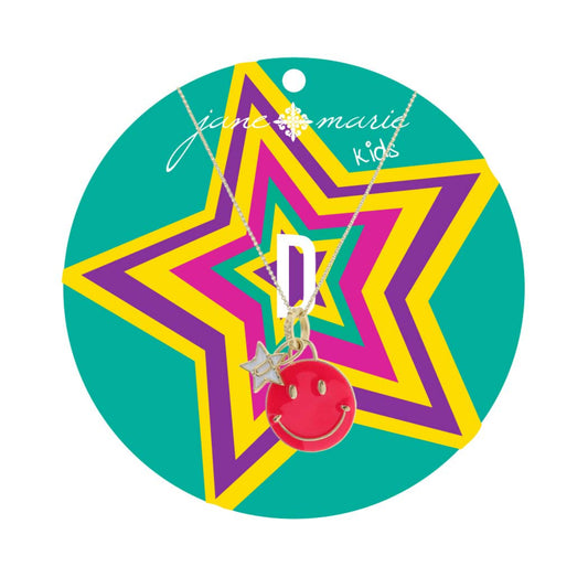 Kids 14" Happy Face, Hot Pink & Yellow with Star "D" Necklace, 3" Ext