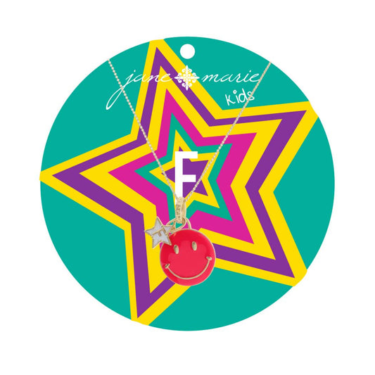 Kids 14" Happy Face, Hot Pink & Yellow with Star "F" Necklace, 3" Ext