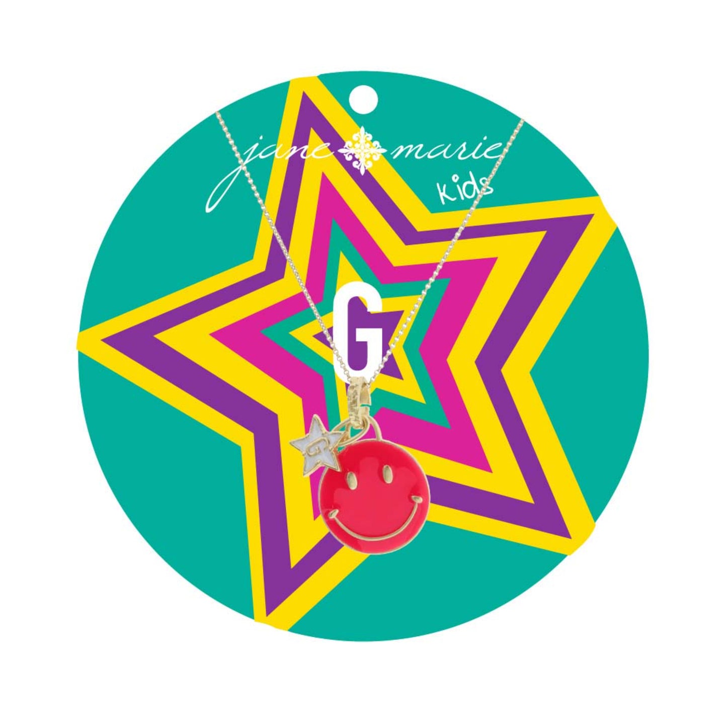 Kids 14" Happy Face, Hot Pink & Yellow with Star "G" Necklace, 3" Ext