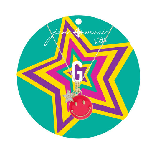 Kids 14" Happy Face, Hot Pink & Yellow with Star "G" Necklace, 3" Ext