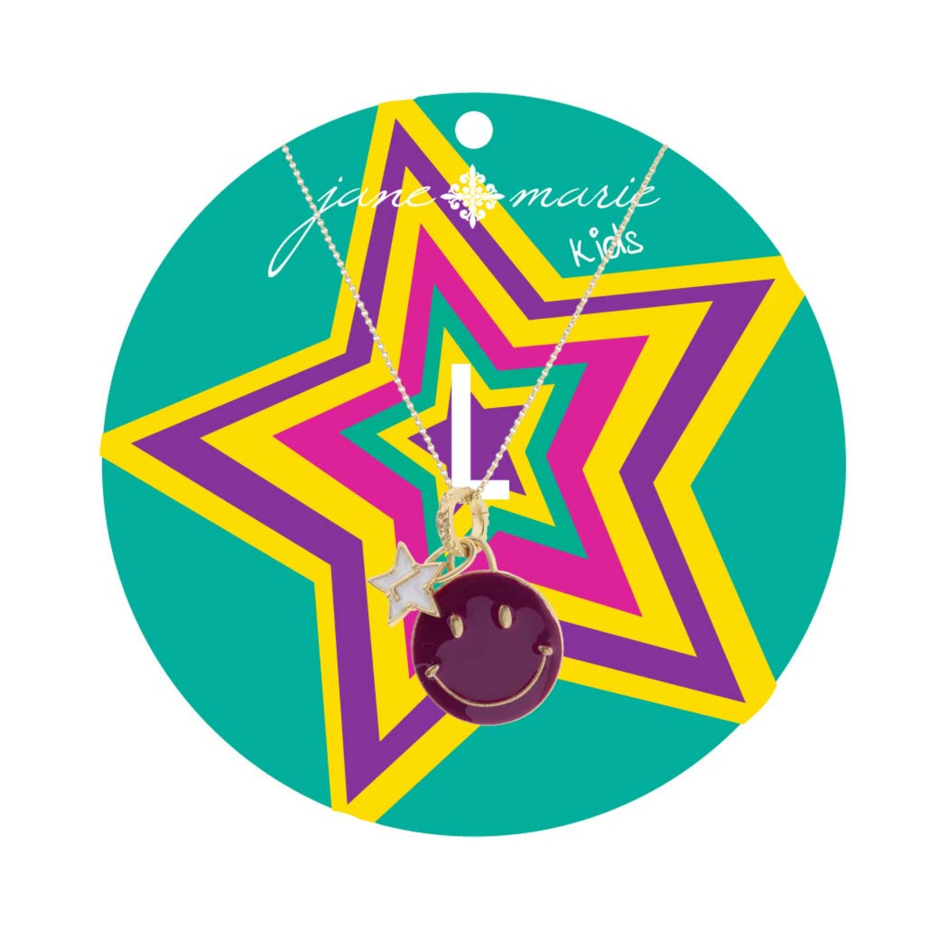 Kids 14" Happy Face, Purple & Yellow with Star "L" Necklace, 3" Ext