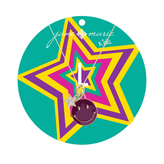 Kids 14" Happy Face, Purple & Yellow with Star "L" Necklace, 3" Ext