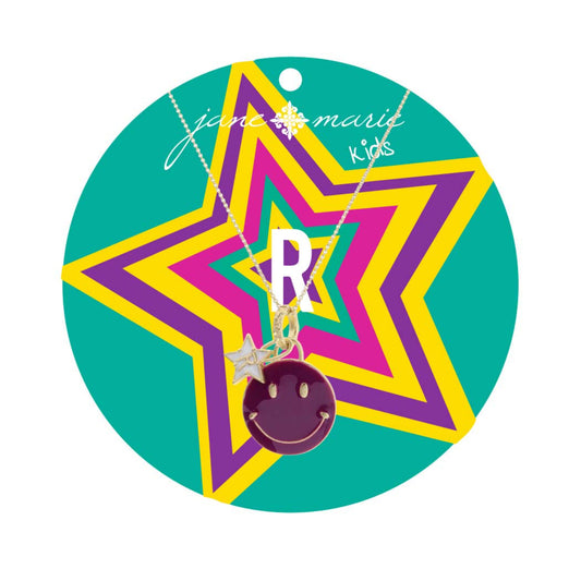 Kids 14" Happy Face, Purple & Yellow with Star "R" Necklace, 3" Ext