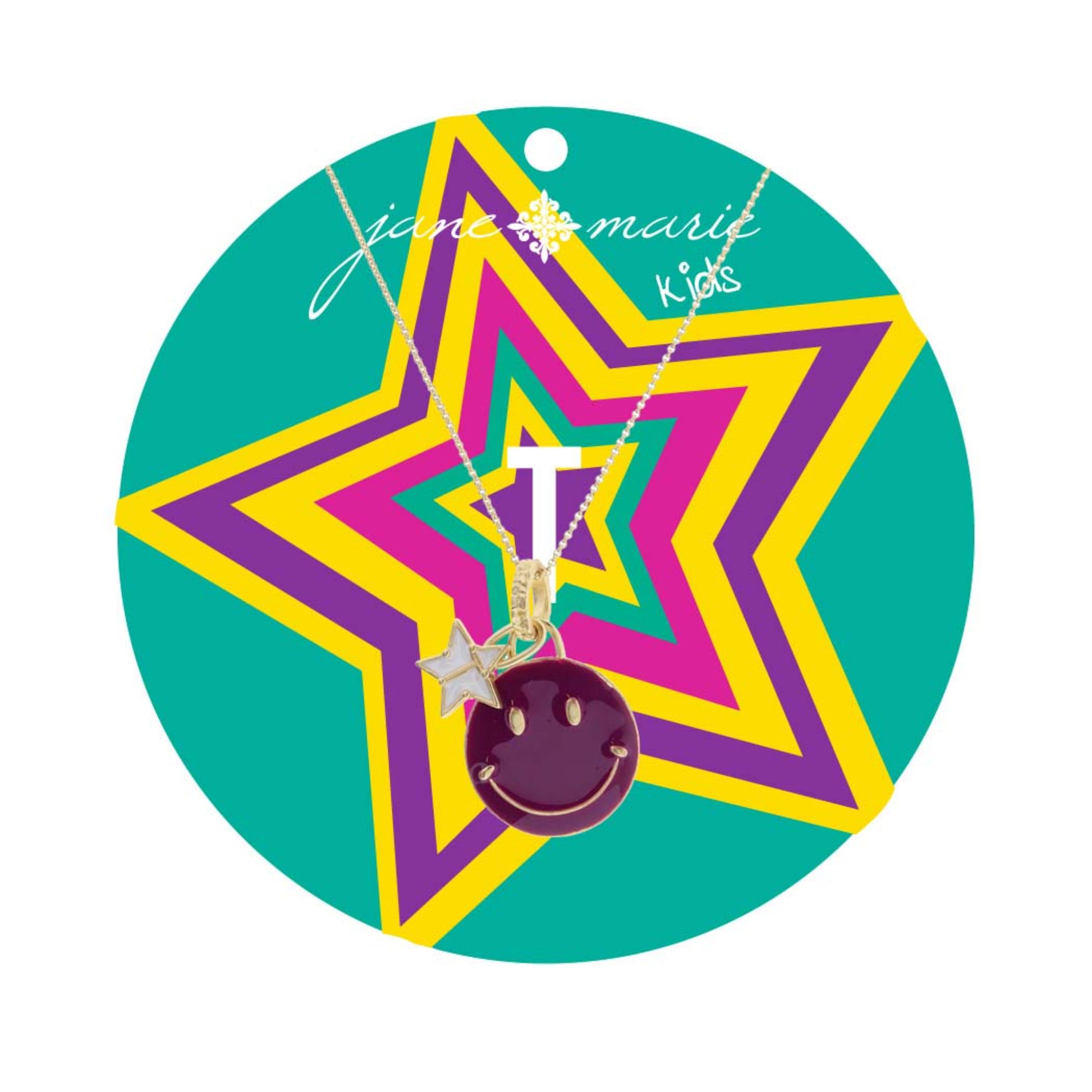 Kids 14" Happy Face, Purple & Yellow with Star "T" Necklace, 3" Ext