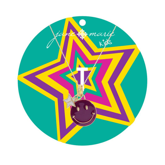 Kids 14" Happy Face, Purple & Yellow with Star "T" Necklace, 3" Ext