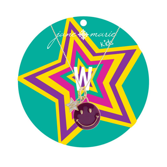 Kids 14" Happy Face, Purple & Yellow with Star "W" Necklace, 3" Ext