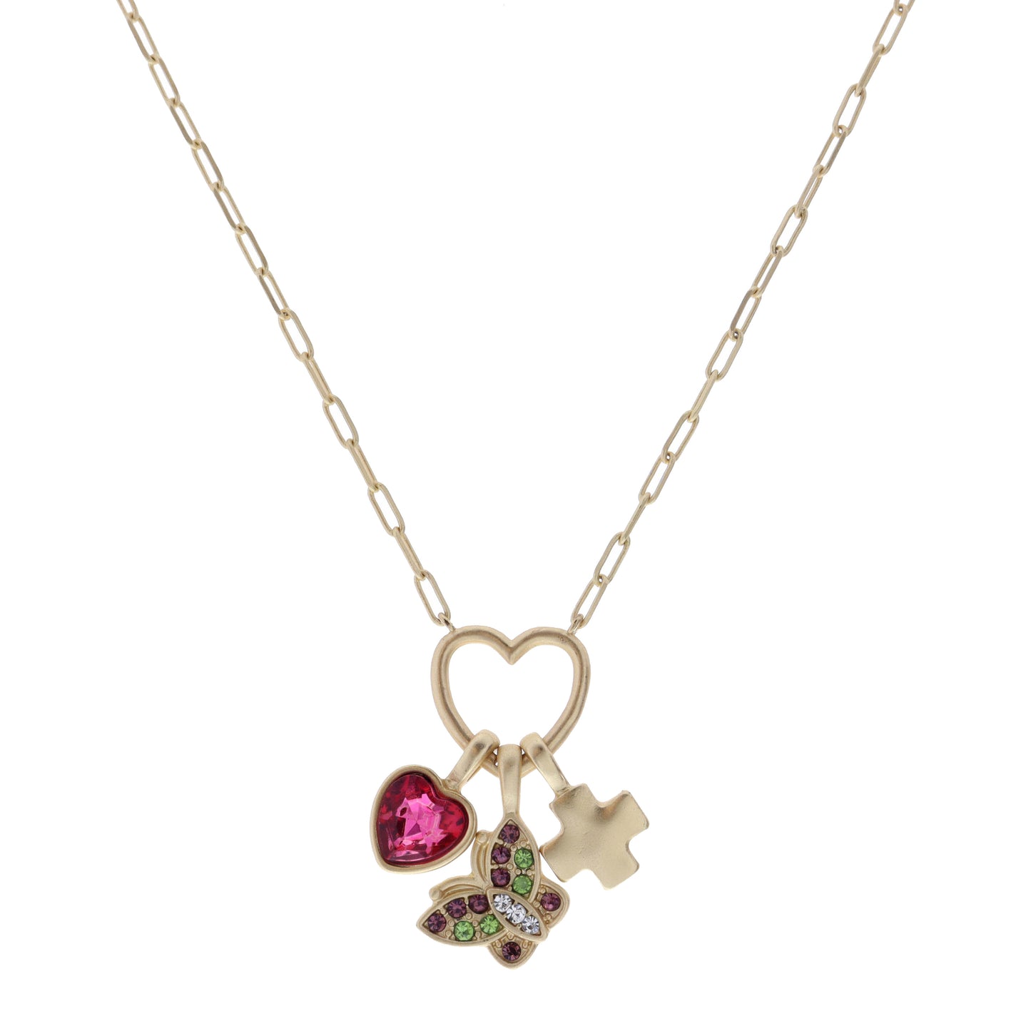 Kids 14" Pink Crystal Heart, Butterfly, Cross on Heart Necklace , 3" Ext