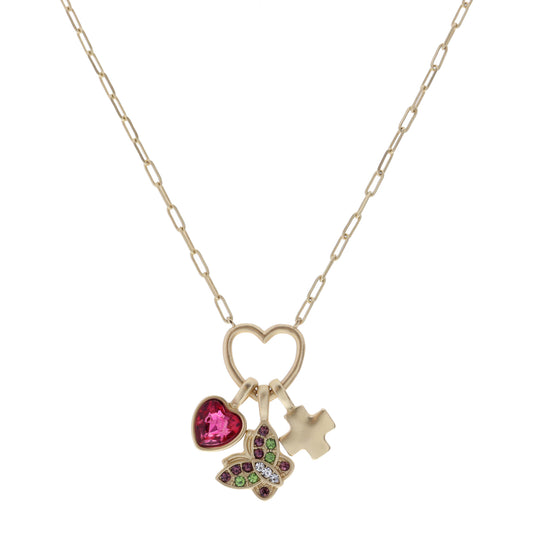 Kids 14" Pink Crystal Heart, Butterfly, Cross on Heart Necklace , 3" Ext
