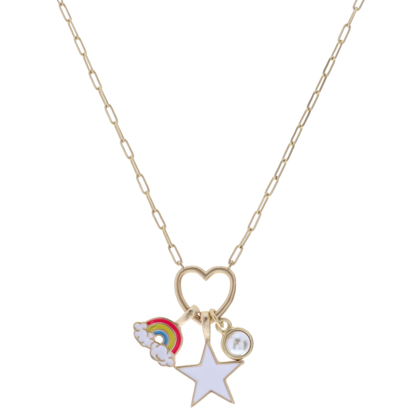 Kids 14" Enamel Rainbow, White Star, Pearl on Heart Necklace , 3" Ext