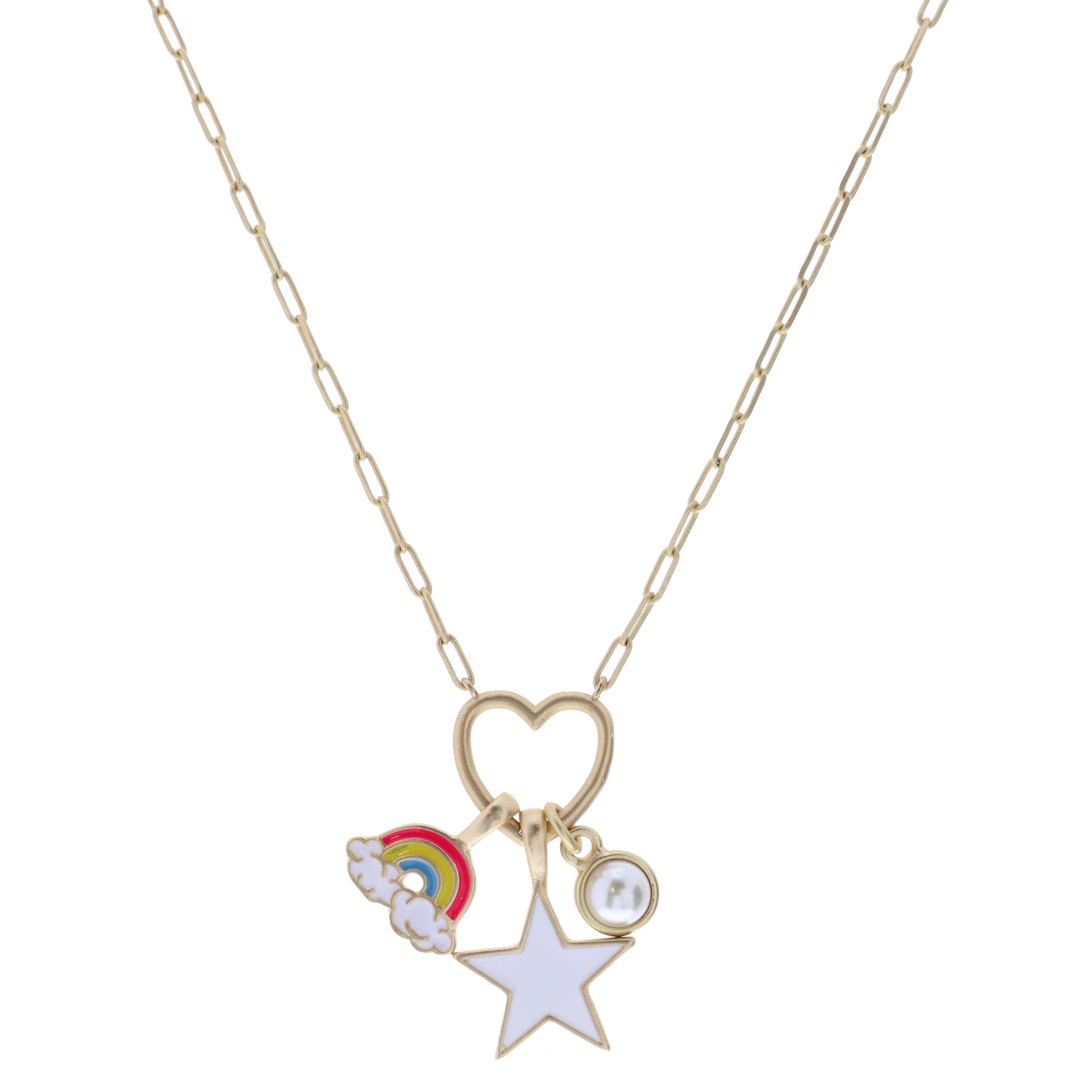 Kids 14" Enamel Rainbow, White Star, Pearl on Heart Necklace , 3" Ext