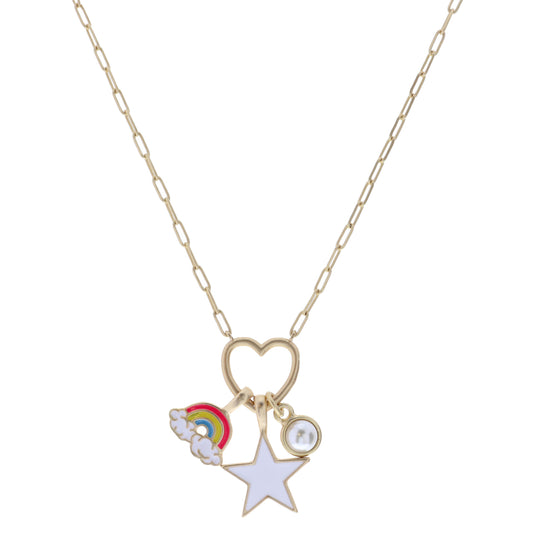 Kids 14" Enamel Rainbow, White Star, Pearl on Heart Necklace , 3" Ext