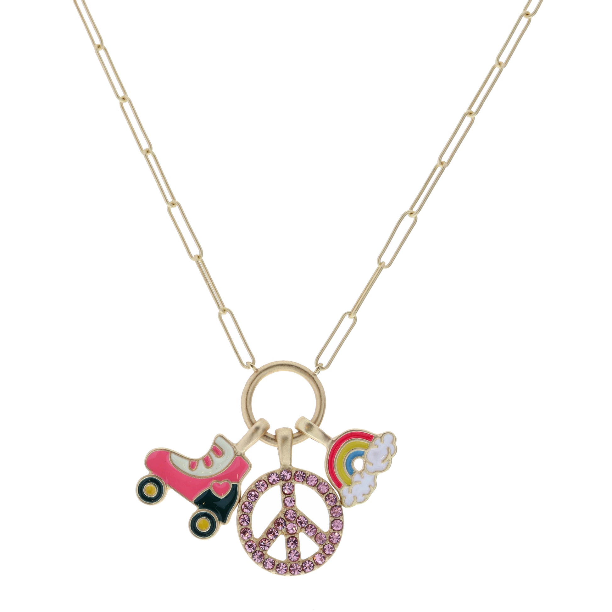 Kids 14" Roller Skate, Peace Sign, Rainbow on Circle Necklace , 3" Ext