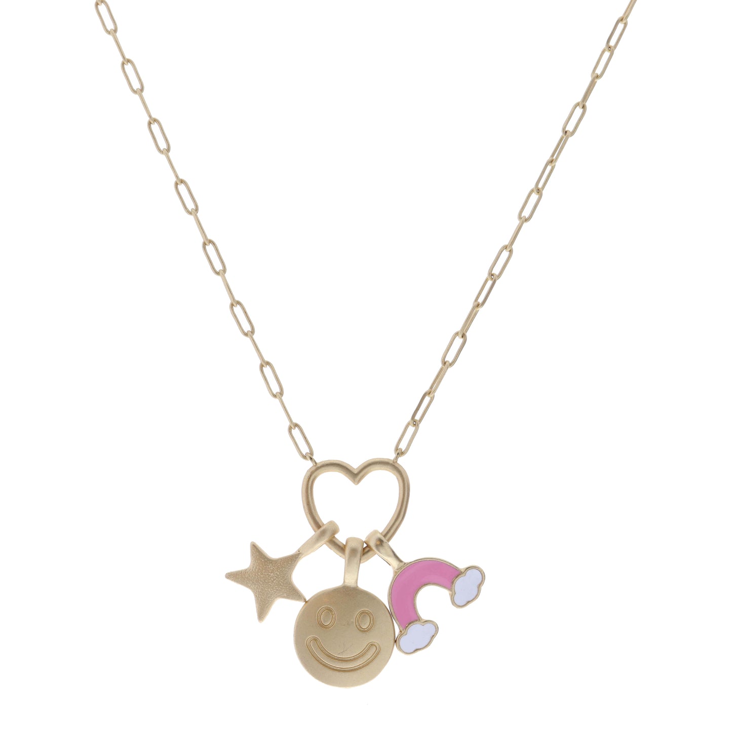 Kids 14" Gold Star, Happy Face, Pink Rainbow on Heart Necklace , 3" Ext