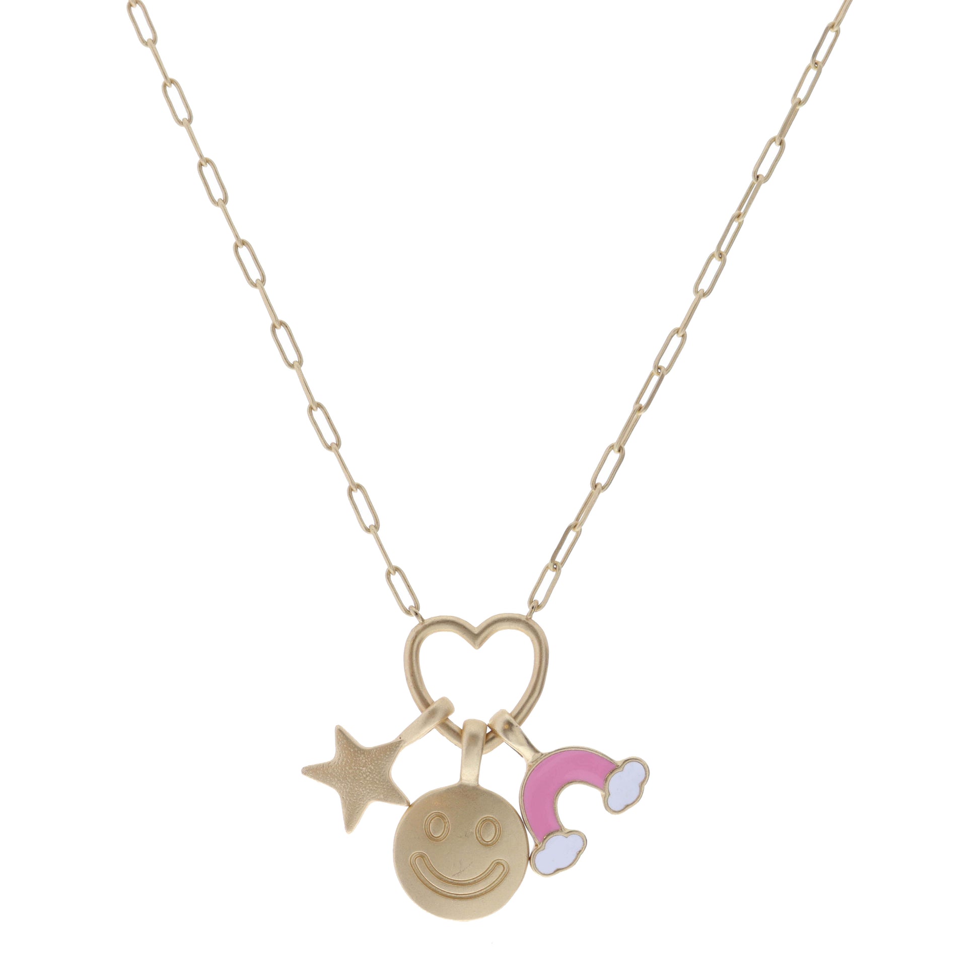 Kids 14" Gold Star, Happy Face, Pink Rainbow on Heart Necklace , 3" Ext