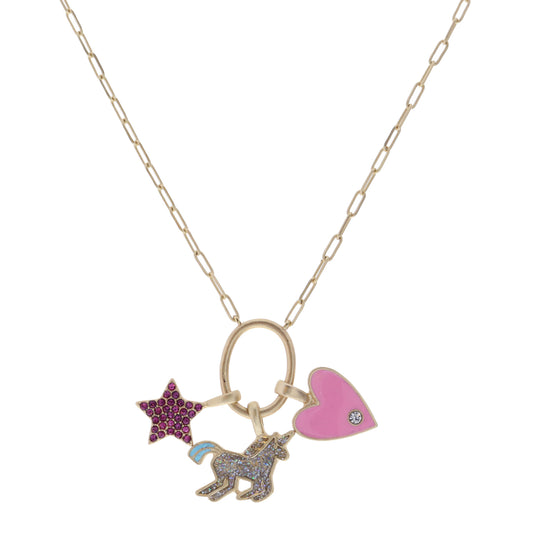 Kids 14" Purple Crystal Star, Unicorn, Heart on Oval Necklace , 3" Ext