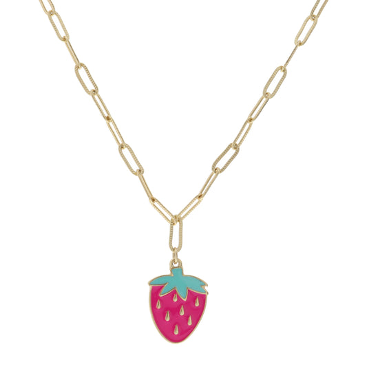 Kids 14" Pink Enamel Strawberry Necklace , 3" Ext