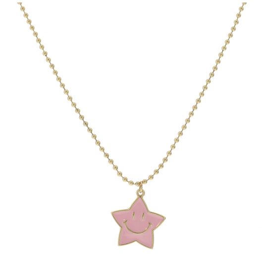 Kids 14" Light Pink Star with Happy Face Necklace , 3" Ext