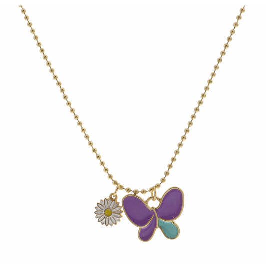 Kids 14" Small Flower with Lavender Butterfly  Necklace