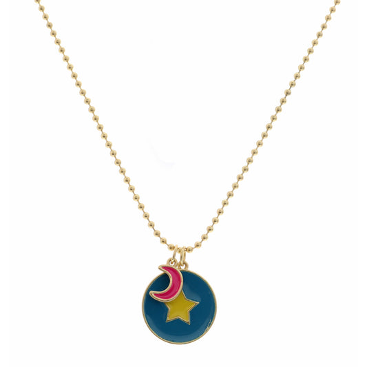 Kids 14" Pink Moon with Yellow Star on Turquoise Circle Disc Necklace