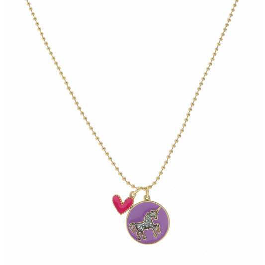 Kids 14" Hot Pink Heart with Unicorn on Purple  Disc Necklace