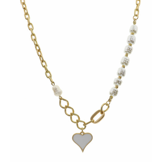 16" Chain & Pearl with White Heart Necklace, 3" Ext