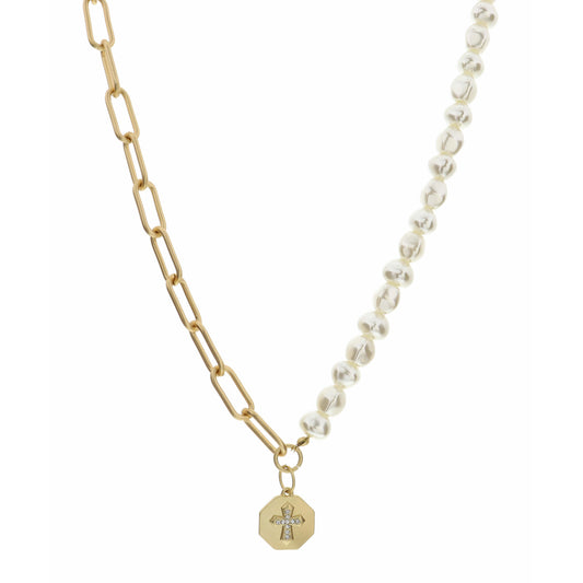 16" Chain & Pearl with Crystal Cross on Octagon Necklace, 3" Ext