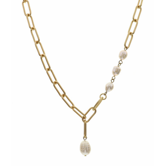 16" Gold Link & Pearl with Pearl Dangle Necklace, 3" Ext