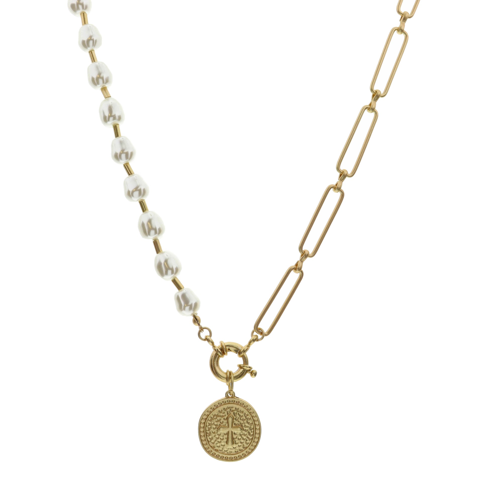 16" Chain & Pearl with Hammered Circle with Raised Cross Necklace, 3" Ext