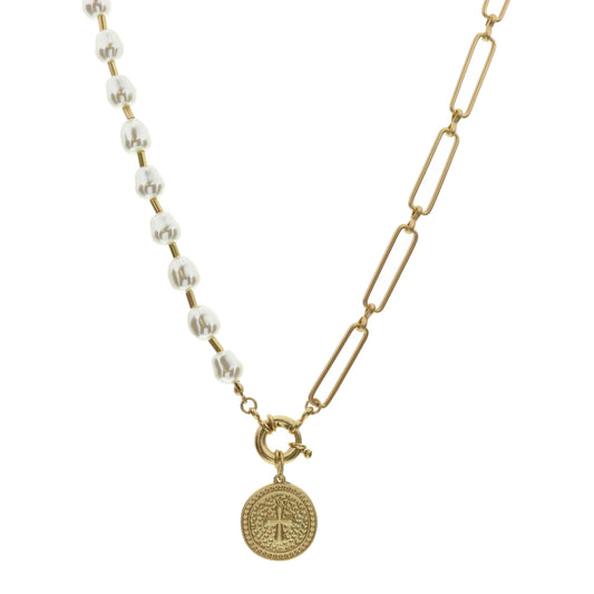 16" Chain & Pearl with Hammered Circle with Raised Cross Necklace, 3" Ext