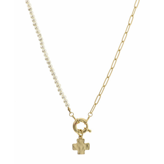 16" Chain & Pearl with Square Cross Necklace, 3" Ext